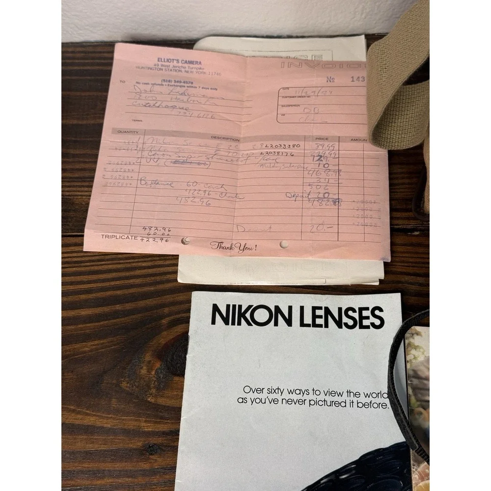 Vintage Nikon EM Camera Bundle W/lenses Bag Advertisement Receipts 50 mm 28 mm